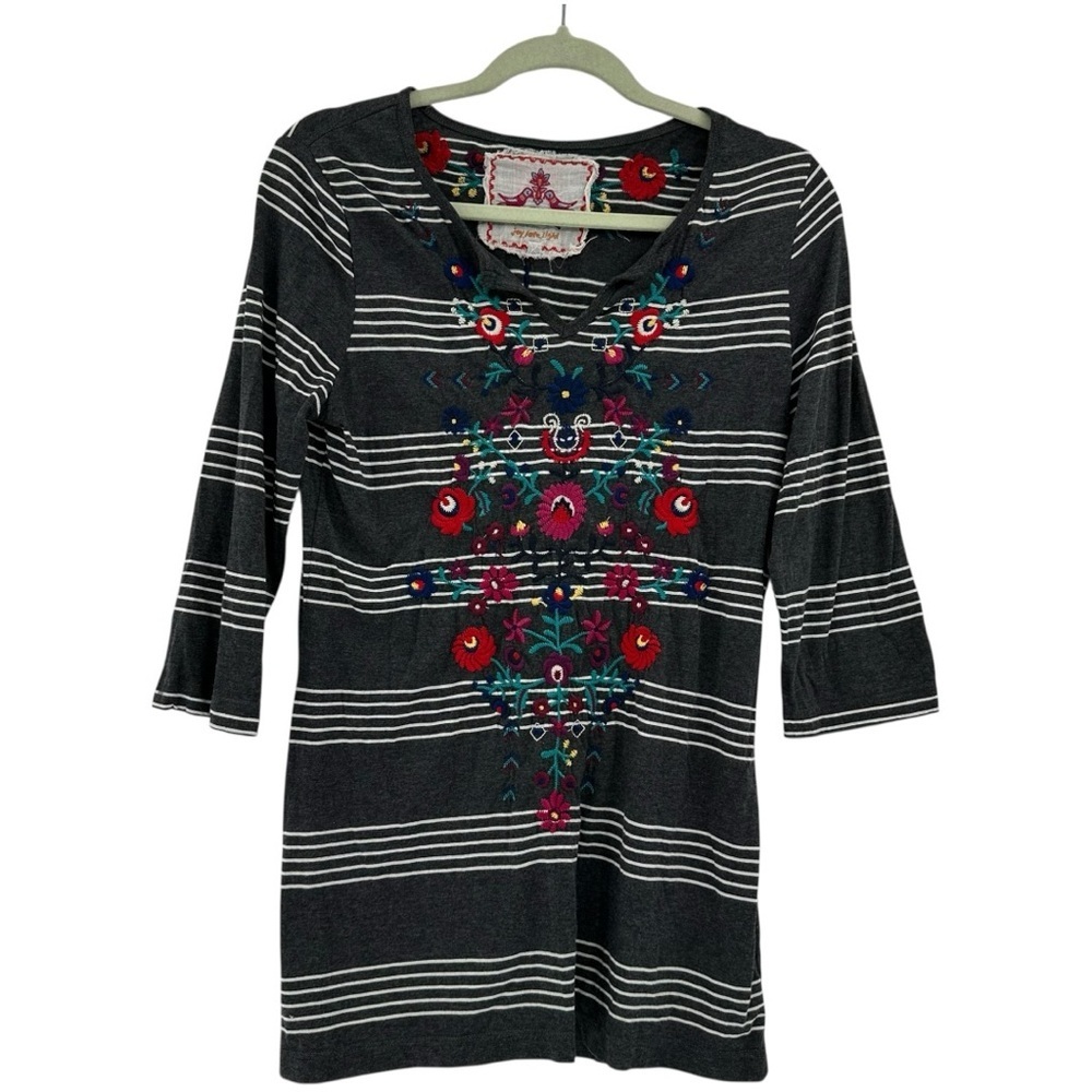 Johnny Was Embroidered Tunic Shirt Striped Floral Size Small